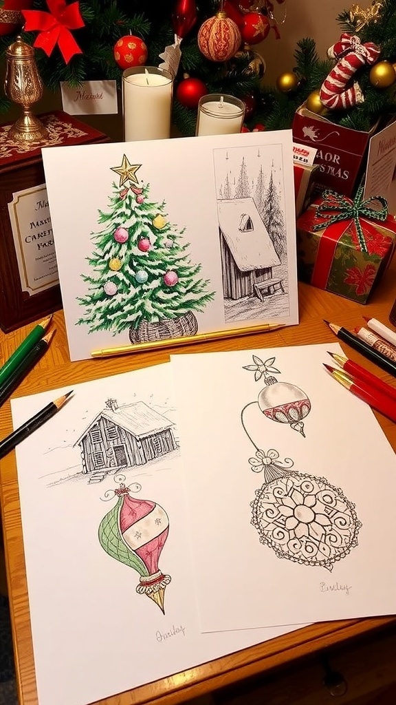 A display of intricate Christmas drawings including a tree, cabin, and ornaments on a festive table.